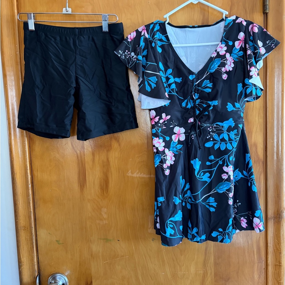 Floral Black and Blue Swimsuit Set